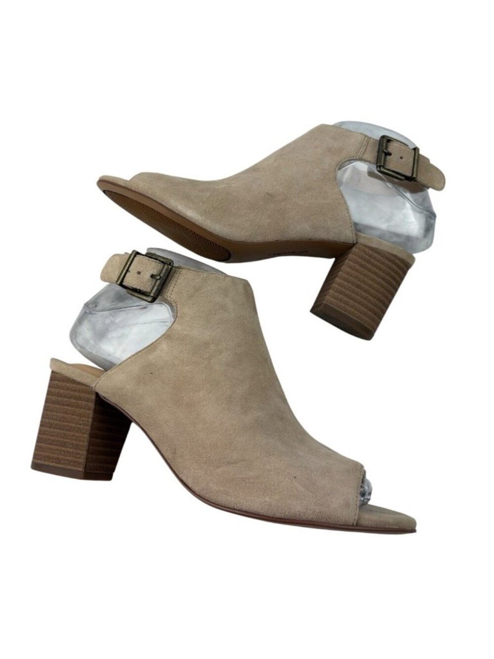 *Clarks Deloria Gia Sandals Womens Size 6.5 Beige Sand Suede Peep Toe Heels Shoe